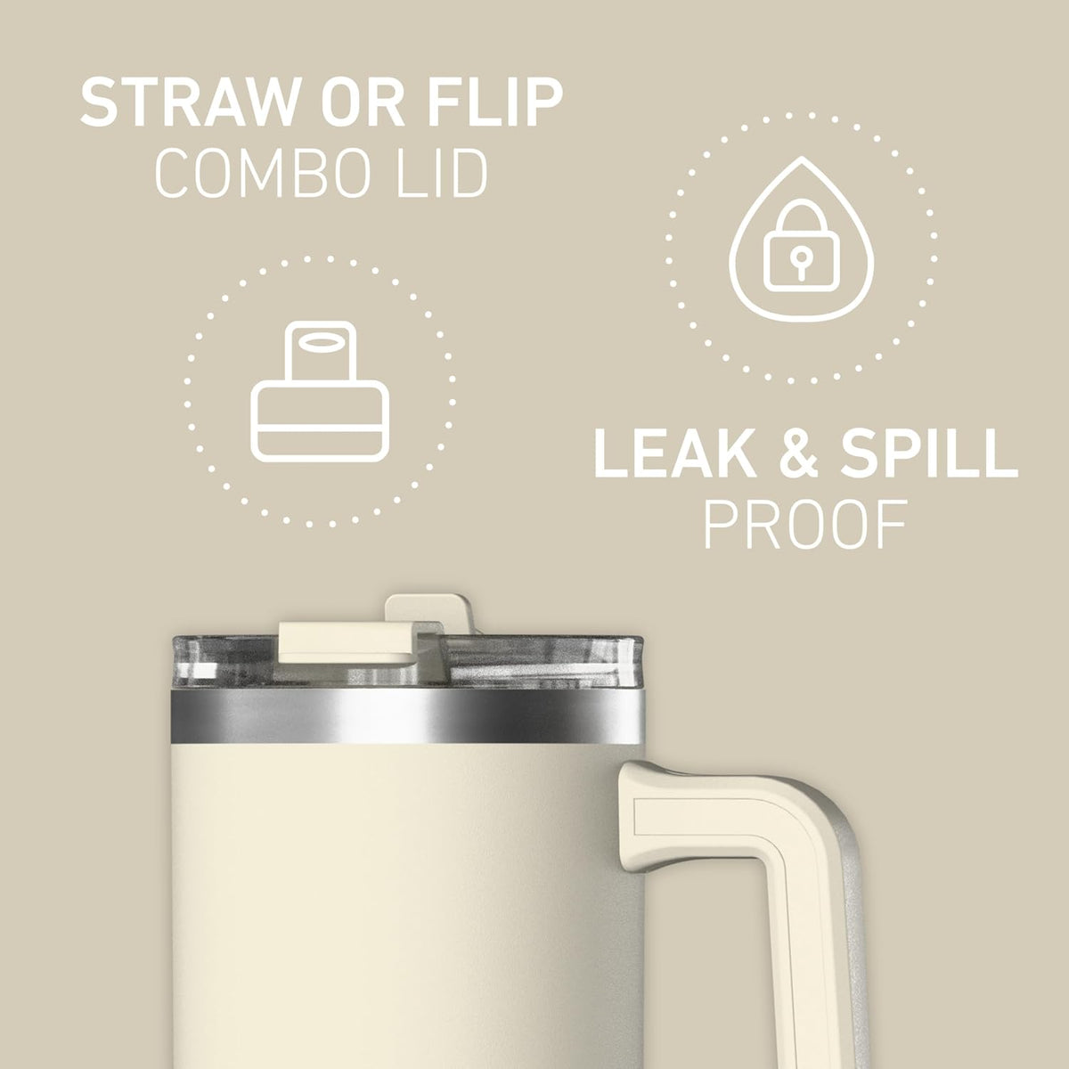 Voyager 25oz Insulated Tumbler with Handle & 2-in-1 Sip & Straw Lid, Everyday Stainless Steel, Travel, Cupholder Friendly Reusable Water Bottle for Work, Office, School & Commuting (Ivory)