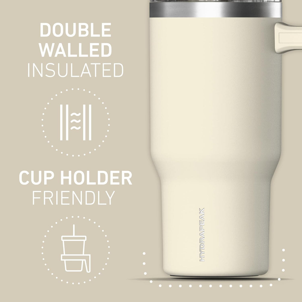 Voyager 25oz Insulated Tumbler with Handle & 2-in-1 Sip & Straw Lid, Everyday Stainless Steel, Travel, Cupholder Friendly Reusable Water Bottle for Work, Office, School & Commuting (Ivory)