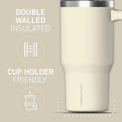 Voyager 25oz Insulated Tumbler with Handle & 2-in-1 Sip & Straw Lid, Everyday Stainless Steel, Travel, Cupholder Friendly Reusable Water Bottle for Work, Office, School & Commuting (Ivory)
