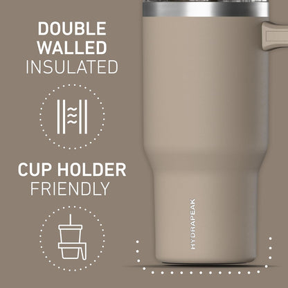 Voyager 25oz Insulated Tumbler with Handle & 2-in-1 Sip & Straw Lid, Everyday Stainless Steel, Travel, Cupholder Friendly Reusable Water Bottle for Work, Office, School & Commuting (Ivory)