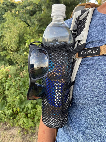 Water Bottle Holder for Backpack Shoulder Strap - Ultralight 0.7 Ounces, Fits 1L Smartwater, Durable Mesh, Snap Hook Mount Backpack Attachment