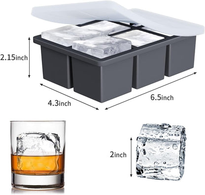 Large Ice Cube Tray for Whiskey: Silicone Ice Cube Trays with Lid - Big Square Old Fashioned Ice Cube Maker for Cocktail - 2inch Huge Cubed Ice Trays for Whisky