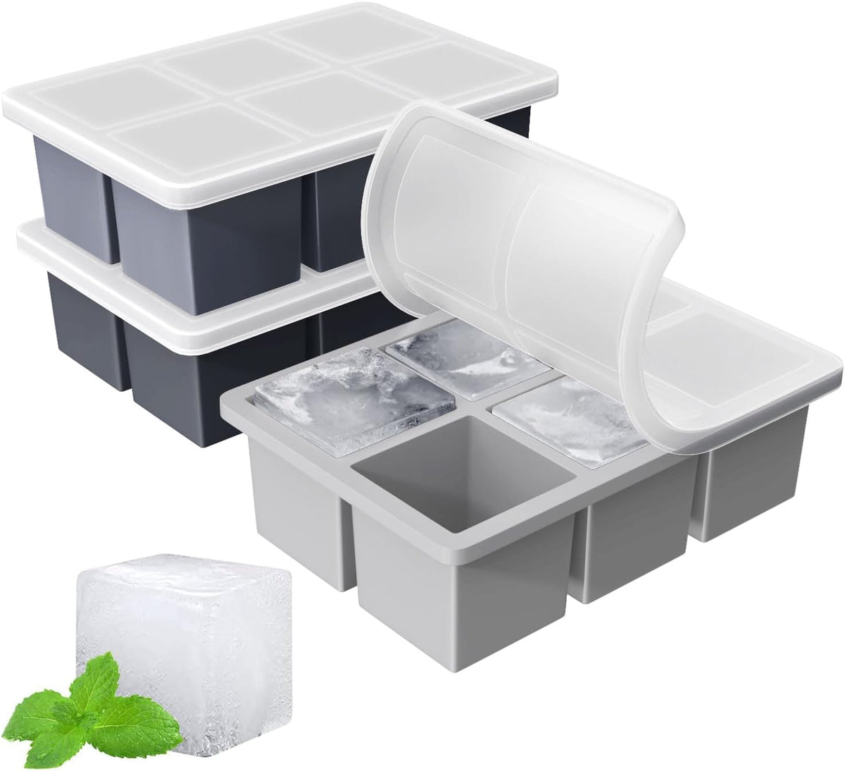 Large Ice Cube Tray for Whiskey: Silicone Ice Cube Trays with Lid - Big Square Old Fashioned Ice Cube Maker for Cocktail - 2inch Huge Cubed Ice Trays for Whisky