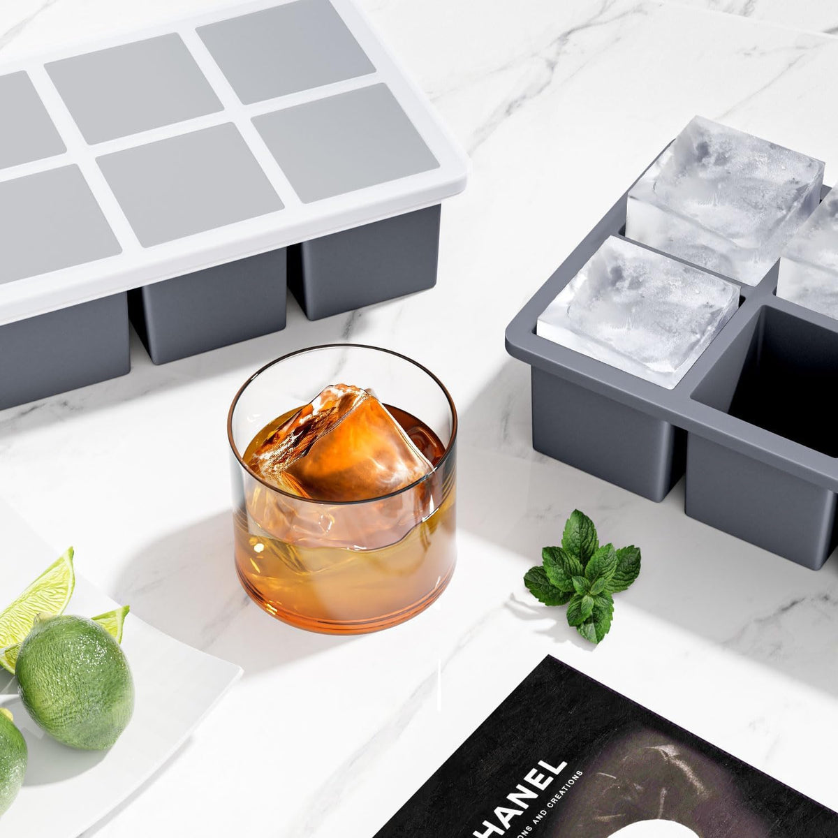 Large Ice Cube Tray for Whiskey: Silicone Ice Cube Trays with Lid - Big Square Old Fashioned Ice Cube Maker for Cocktail - 2inch Huge Cubed Ice Trays for Whisky