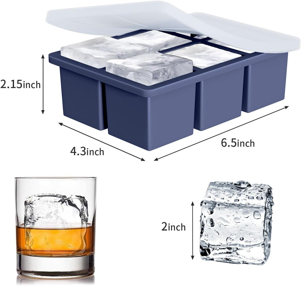 Large Ice Cube Tray for Whiskey: Silicone Ice Cube Trays with Lid - Big Square Old Fashioned Ice Cube Maker for Cocktail - 2inch Huge Cubed Ice Trays for Whisky