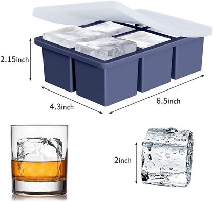Large Ice Cube Tray for Whiskey: Silicone Ice Cube Trays with Lid - Big Square Old Fashioned Ice Cube Maker for Cocktail - 2inch Huge Cubed Ice Trays for Whisky