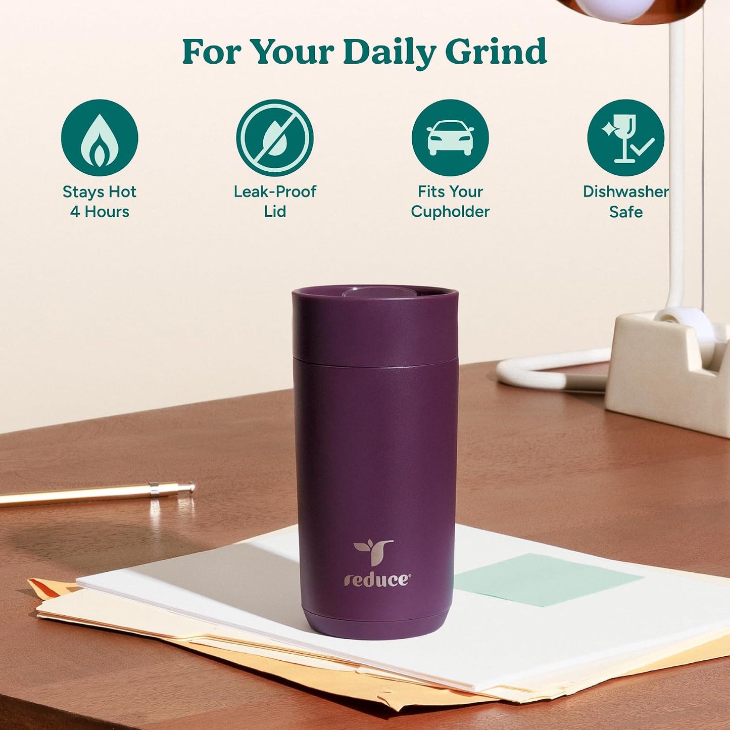 Perk 10oz Insulated Coffee Tumbler – Leak-Proof with Lockable Lid and Vacuum Insulation–Durable Stainless Steel–Fits Car Cup Holders–One-Handed Travel Mug in Sand Leopard Print - Rosebud