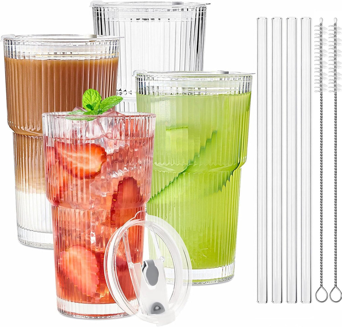 20 Oz Ribbed Glass Coffee Tumblers with Lids and Straws, 4 Pack