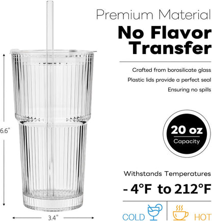 20 Oz Ribbed Glass Coffee Tumblers with Lids and Straws, 4 Pack