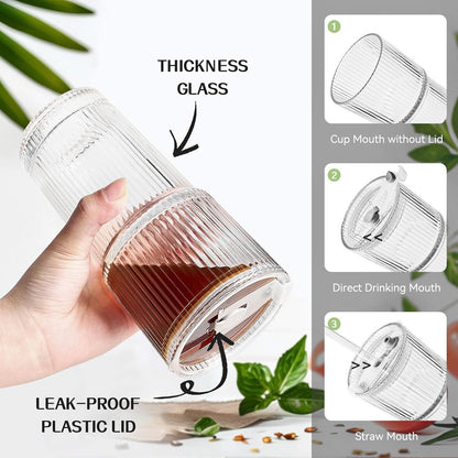 20 Oz Ribbed Glass Coffee Tumblers with Lids and Straws, 4 Pack