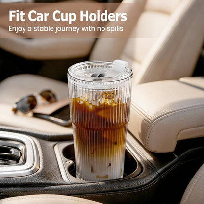 20 Oz Ribbed Glass Coffee Tumblers with Lids and Straws, 4 Pack