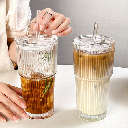 20 Oz Ribbed Glass Coffee Tumblers with Lids and Straws, 4 Pack