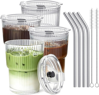 20 Oz Ribbed Glass Coffee Tumblers with Lids and Straws, 4 Pack