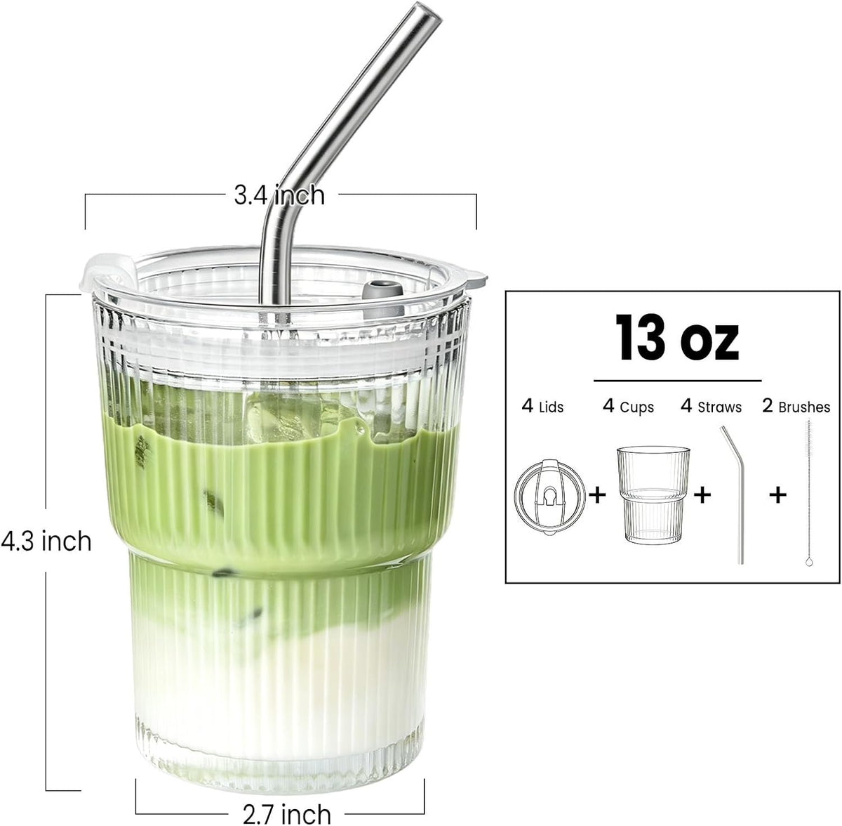 20 Oz Ribbed Glass Coffee Tumblers with Lids and Straws, 4 Pack