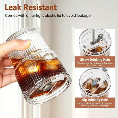 20 Oz Ribbed Glass Coffee Tumblers with Lids and Straws, 4 Pack