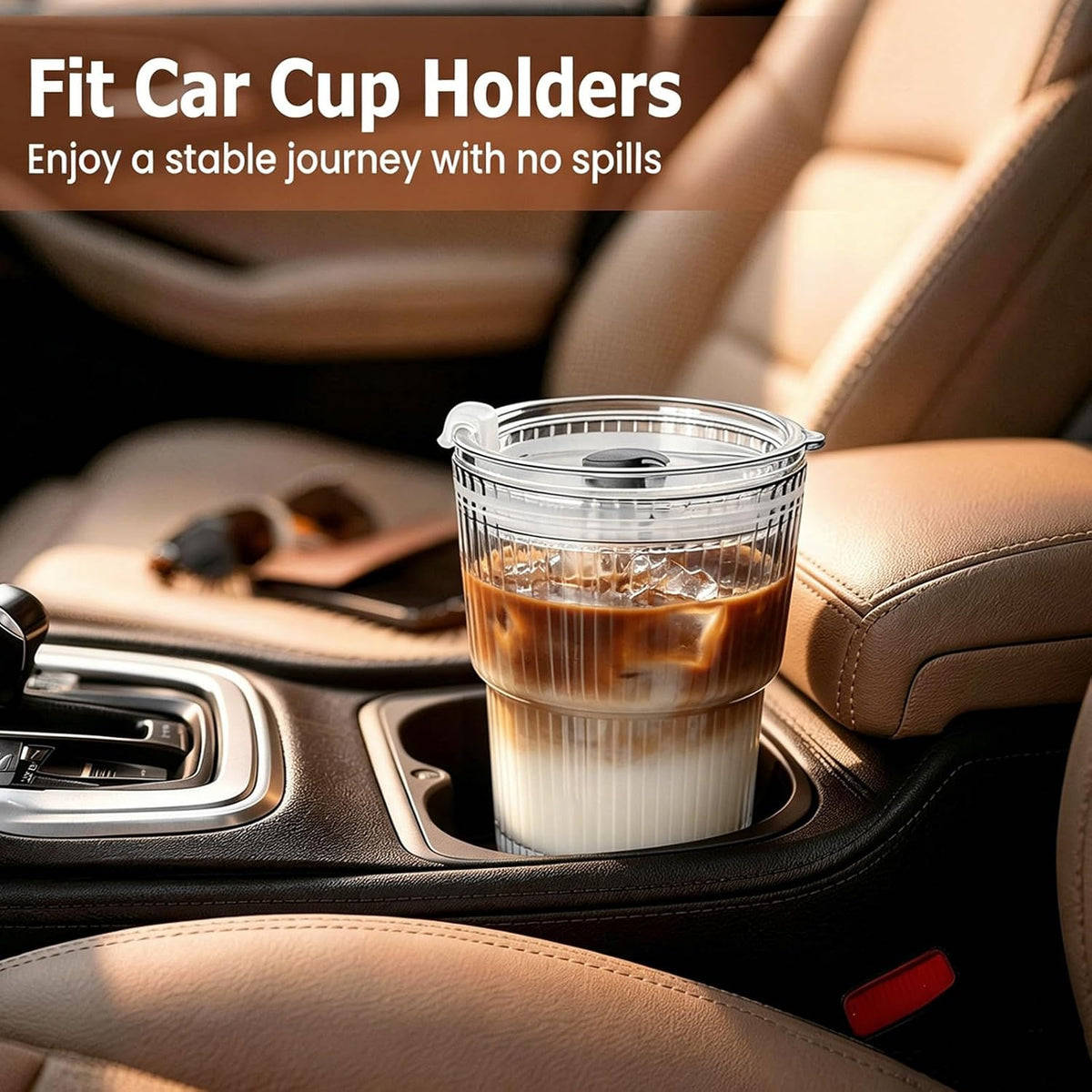 20 Oz Ribbed Glass Coffee Tumblers with Lids and Straws, 4 Pack