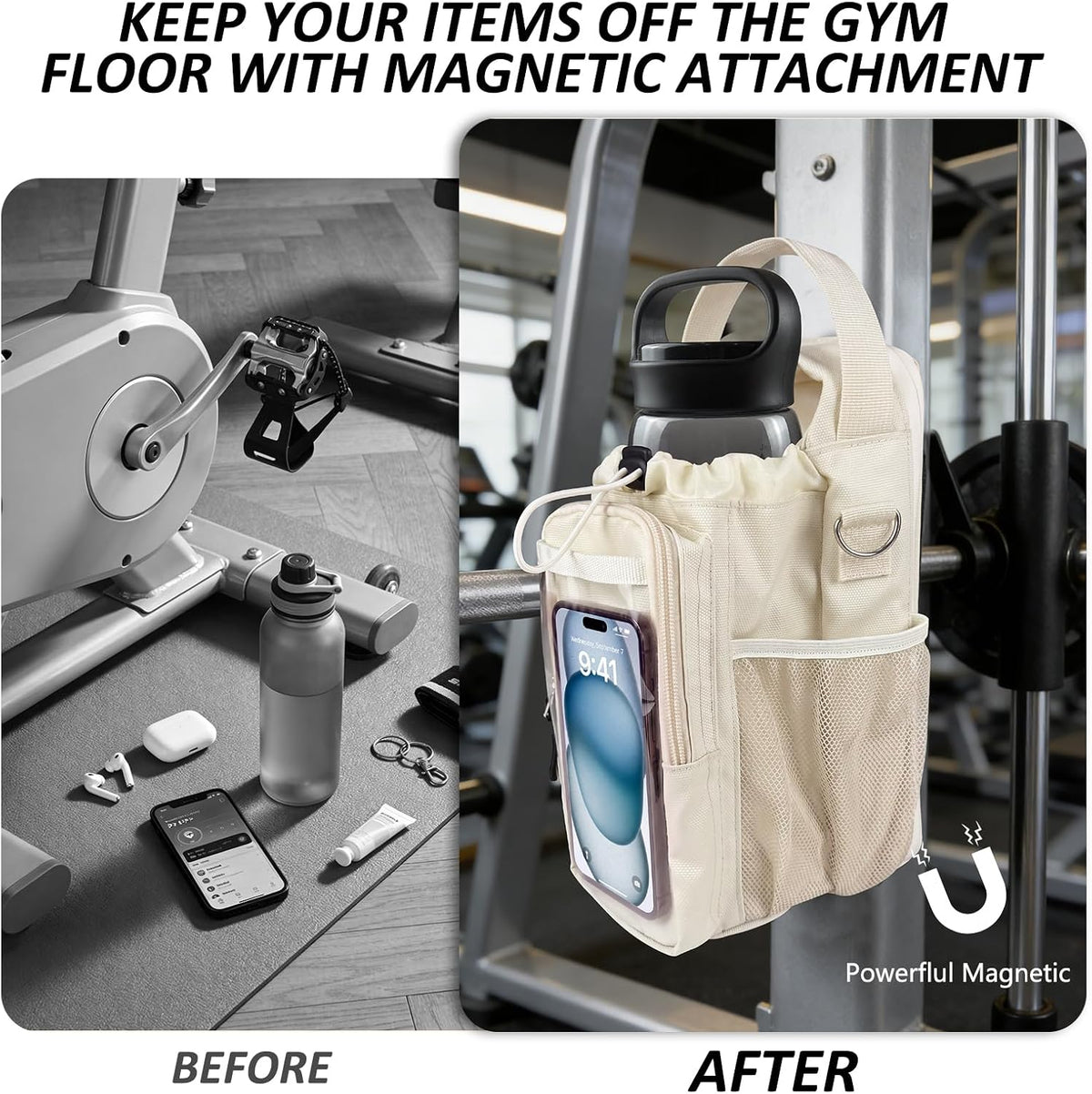 Magnetic Gym Bag, Magnetic Gym Water Bottle Bag with Strap 4 Strong Magnets, Upgraded Clear Design Phone Bag, Gym Gifts for Men & Women Gym accessories (Black)