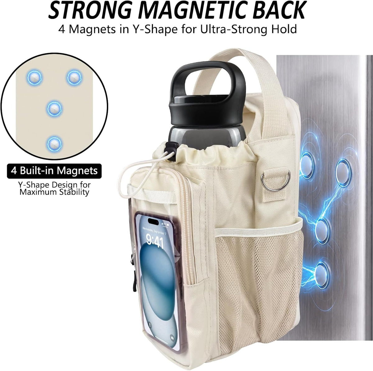 Magnetic Gym Bag, Magnetic Gym Water Bottle Bag with Strap 4 Strong Magnets, Upgraded Clear Design Phone Bag, Gym Gifts for Men & Women Gym accessories (Black)