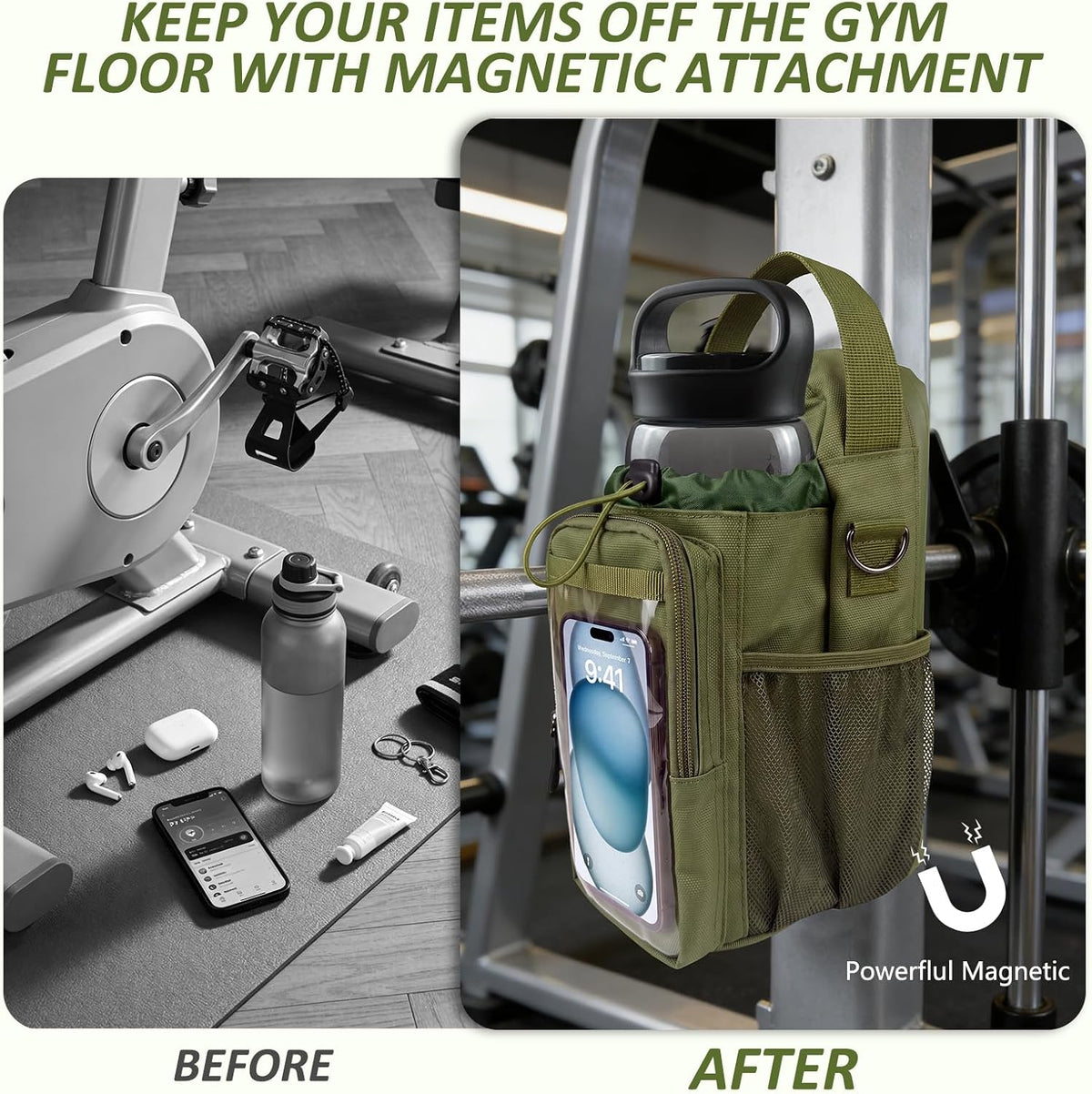 Magnetic Gym Bag, Magnetic Gym Water Bottle Bag with Strap 4 Strong Magnets, Upgraded Clear Design Phone Bag, Gym Gifts for Men & Women Gym accessories (Black)