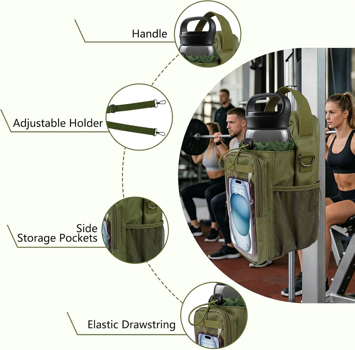 Magnetic Gym Bag, Magnetic Gym Water Bottle Bag with Strap 4 Strong Magnets, Upgraded Clear Design Phone Bag, Gym Gifts for Men & Women Gym accessories (Black)