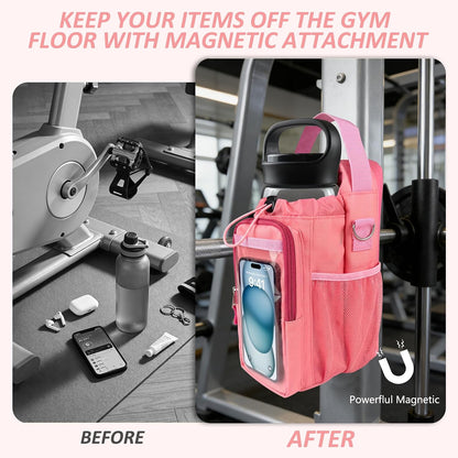 Magnetic Gym Bag, Magnetic Gym Water Bottle Bag with Strap 4 Strong Magnets, Upgraded Clear Design Phone Bag, Gym Gifts for Men & Women Gym accessories (Black)