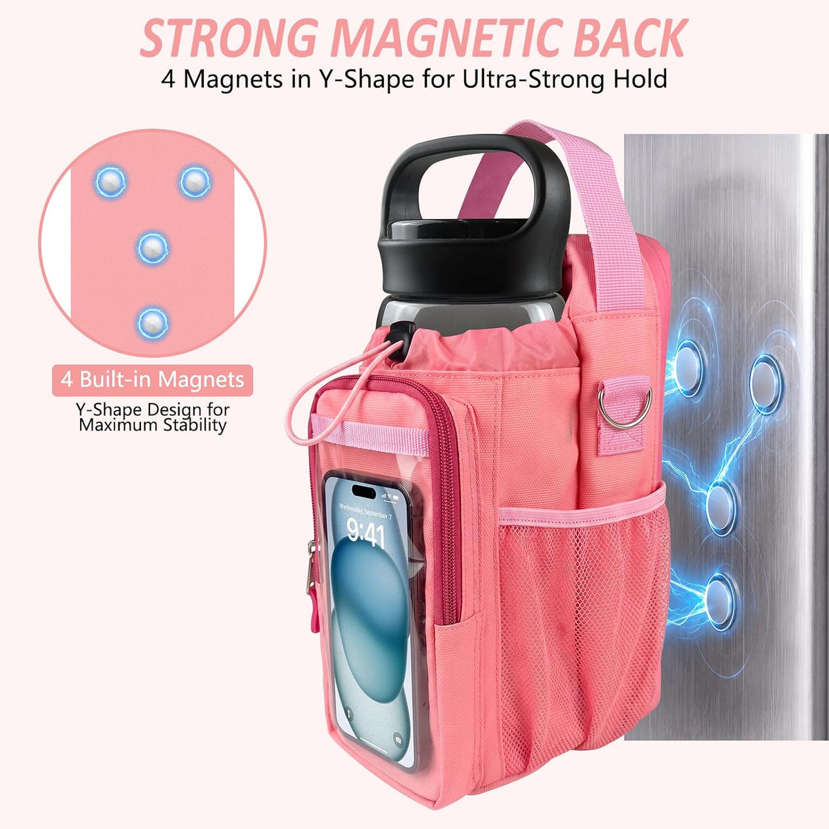 Magnetic Gym Bag, Magnetic Gym Water Bottle Bag with Strap 4 Strong Magnets, Upgraded Clear Design Phone Bag, Gym Gifts for Men & Women Gym accessories (Black)
