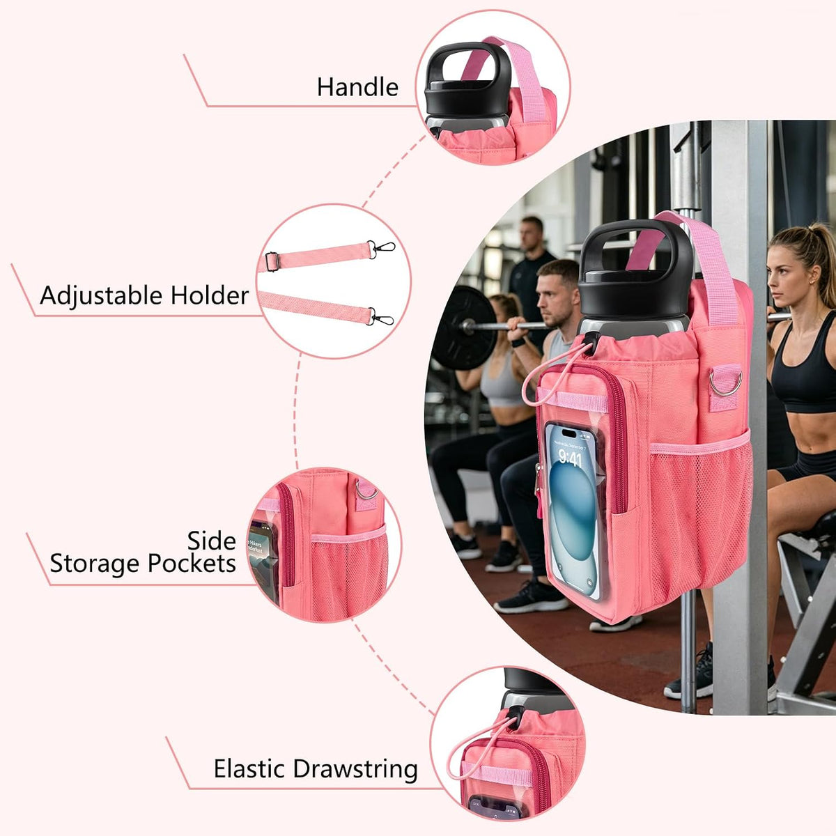 Magnetic Gym Bag, Magnetic Gym Water Bottle Bag with Strap 4 Strong Magnets, Upgraded Clear Design Phone Bag, Gym Gifts for Men & Women Gym accessories (Black)