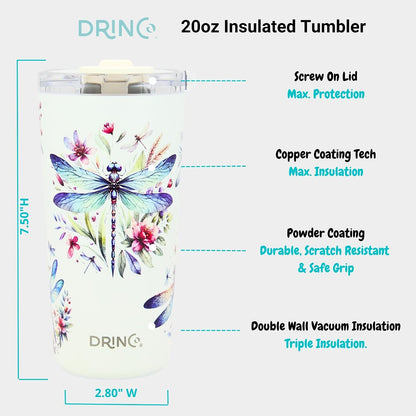 20 oz Stainless Steel Tumbler | Double Walled Vacuum Insulated Mug With Lid, 2 Straws, For Hot & Cold Drinks (20oz Dragonfly)