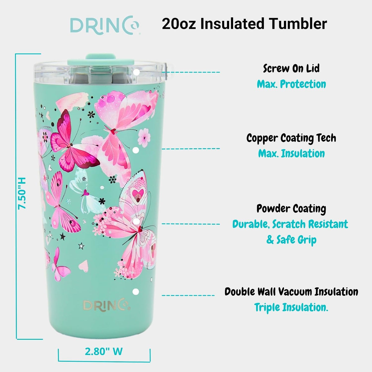 20 oz Stainless Steel Tumbler | Double Walled Vacuum Insulated Mug With Lid, 2 Straws, For Hot & Cold Drinks (20oz Dragonfly)
