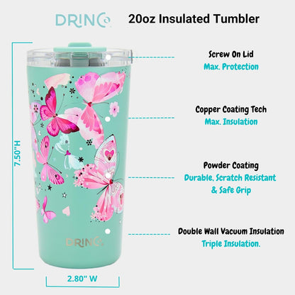 20 oz Stainless Steel Tumbler | Double Walled Vacuum Insulated Mug With Lid, 2 Straws, For Hot & Cold Drinks (20oz Dragonfly)