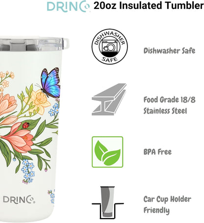 20 oz Stainless Steel Tumbler | Double Walled Vacuum Insulated Mug With Lid, 2 Straws, For Hot & Cold Drinks (20oz Dragonfly)
