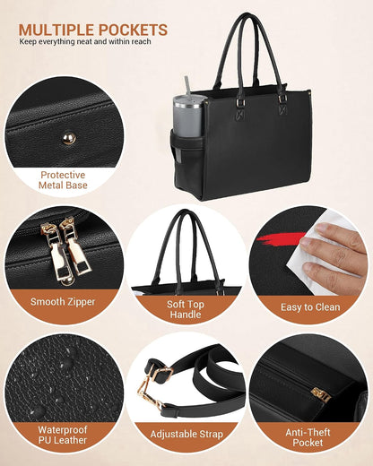 Office Work Tote Bag with Laptop Compartment and Lunch Section | Fit laptop, lunch & daily essentials in one tote. Padded laptop compartment & insulated lunch section, no more multiple bags