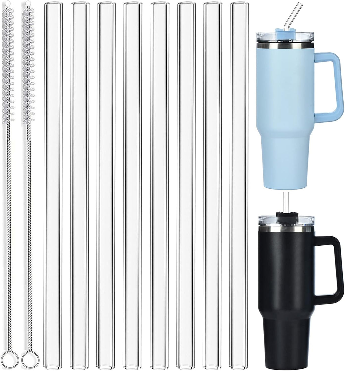 8 Pack Replacement Glass Straws for Stanley 40 oz 30 oz Tumbler, 12 in Long Reusable Clear Straws for Stanley Cup Accessories, Half Gallon Bottle, Plus 2 Cleaning Brush