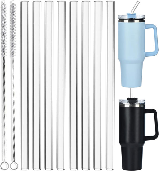 8 Pack Replacement Glass Straws for Stanley 40 oz 30 oz Tumbler, 12 in Long Reusable Clear Straws for Stanley Cup Accessories, Half Gallon Bottle, Plus 2 Cleaning Brush