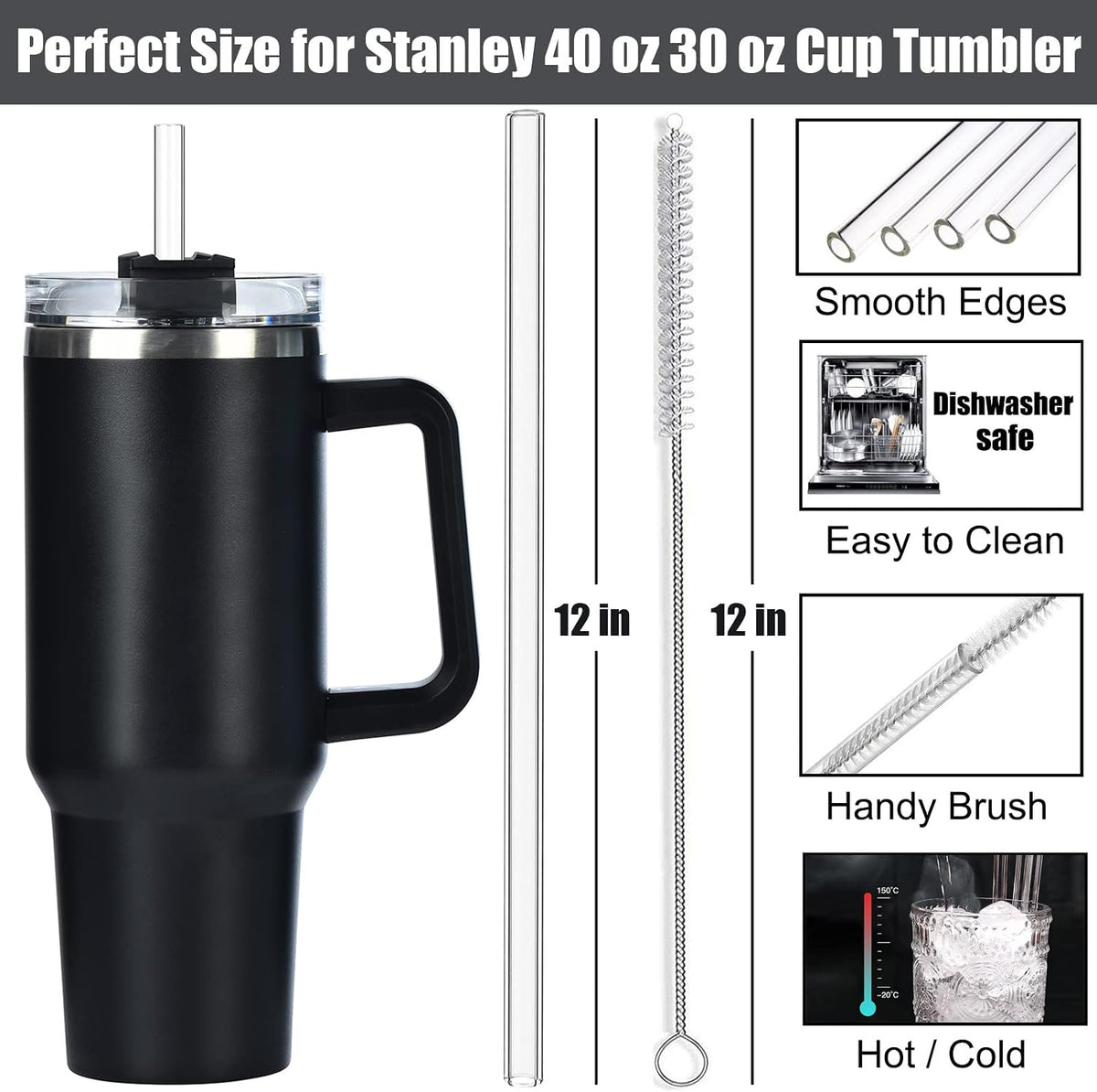 8 Pack Replacement Glass Straws for Stanley 40 oz 30 oz Tumbler, 12 in Long Reusable Clear Straws for Stanley Cup Accessories, Half Gallon Bottle, Plus 2 Cleaning Brush