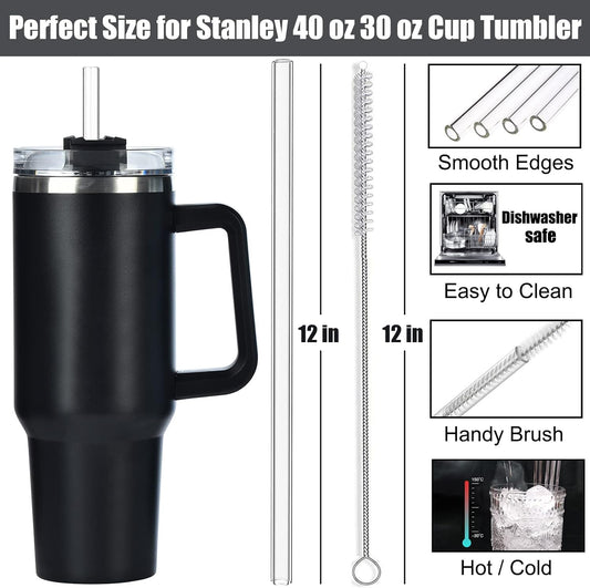8 Pack Replacement Glass Straws for Stanley 40 oz 30 oz Tumbler, 12 in Long Reusable Clear Straws for Stanley Cup Accessories, Half Gallon Bottle, Plus 2 Cleaning Brush