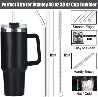 8 Pack Replacement Glass Straws for Stanley 40 oz 30 oz Tumbler, 12 in Long Reusable Clear Straws for Stanley Cup Accessories, Half Gallon Bottle, Plus 2 Cleaning Brush