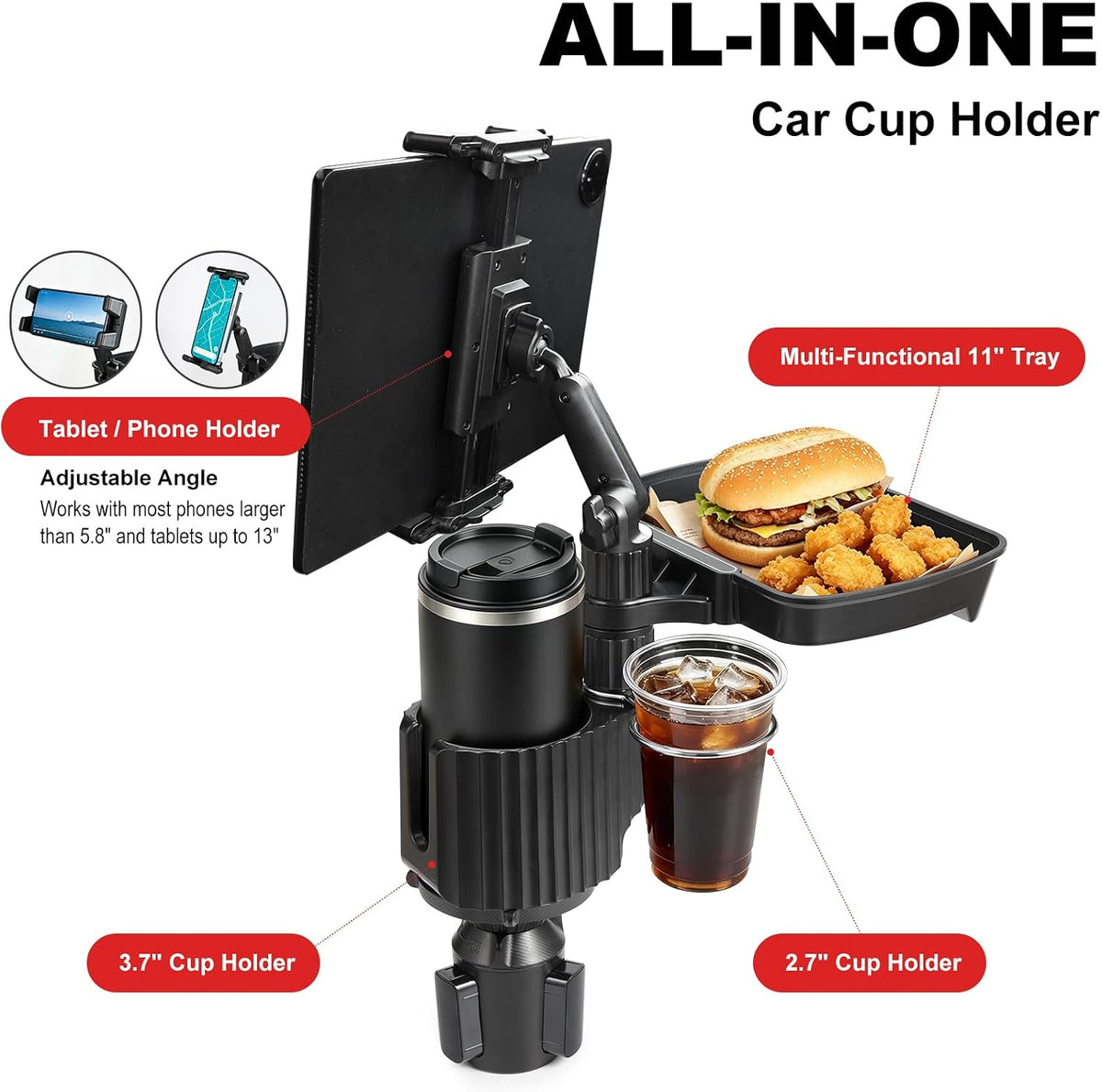 Car Large Cup Holder Expander, 5-in-1 Cupholder Extender with Phone Holder & Swivel and Detachable Snack Food Tray Table for Eating, Travel Essentials for Road Trips for Driver. Model C