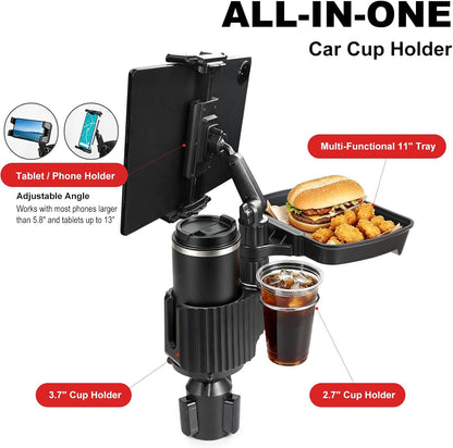 Car Large Cup Holder Expander, 5-in-1 Cupholder Extender with Phone Holder & Swivel and Detachable Snack Food Tray Table for Eating, Travel Essentials for Road Trips for Driver. Model C