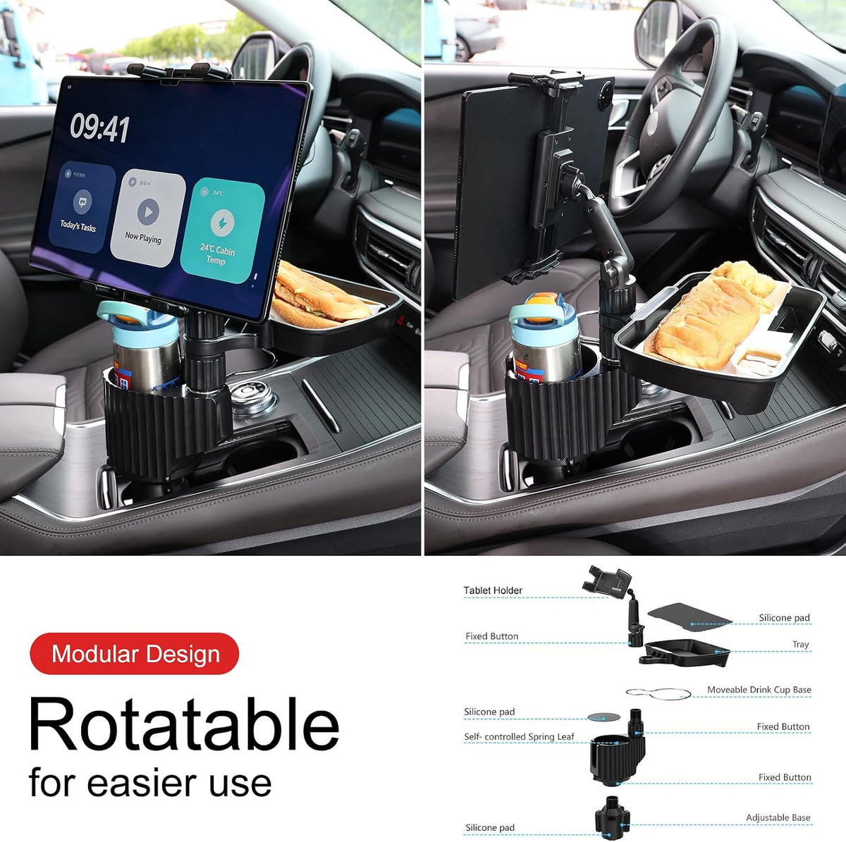 Car Large Cup Holder Expander, 5-in-1 Cupholder Extender with Phone Holder & Swivel and Detachable Snack Food Tray Table for Eating, Travel Essentials for Road Trips for Driver. Model C
