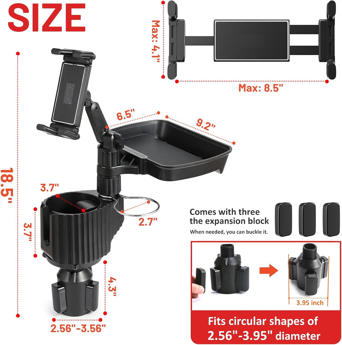 Car Large Cup Holder Expander, 5-in-1 Cupholder Extender with Phone Holder & Swivel and Detachable Snack Food Tray Table for Eating, Travel Essentials for Road Trips for Driver. Model C
