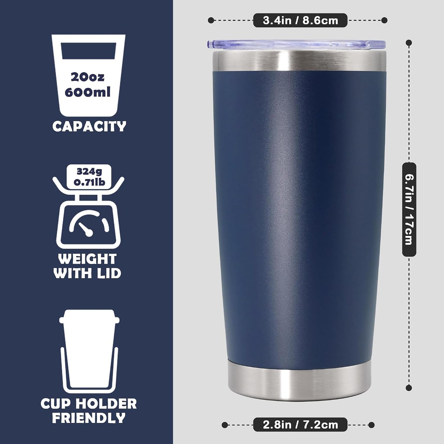 20oz Tumbler Stainless Steel Tumbler Coffee Tumbler with Lid Navy, 1P | Vacuum Insulated Double Wall Travel Mug, Durable Powder Coated Coffee Mug, For Hot & Cold Drinks