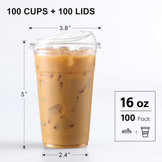 100 Pack 16 oz Plastic Cups With Strawless Sip-Lids, Iced Coffee Cups With Lids BPA Free, Disposable Clear Cups, To Go Cups for Smoothies, Party Drinks, Bubble Tea, Cold Beverage
