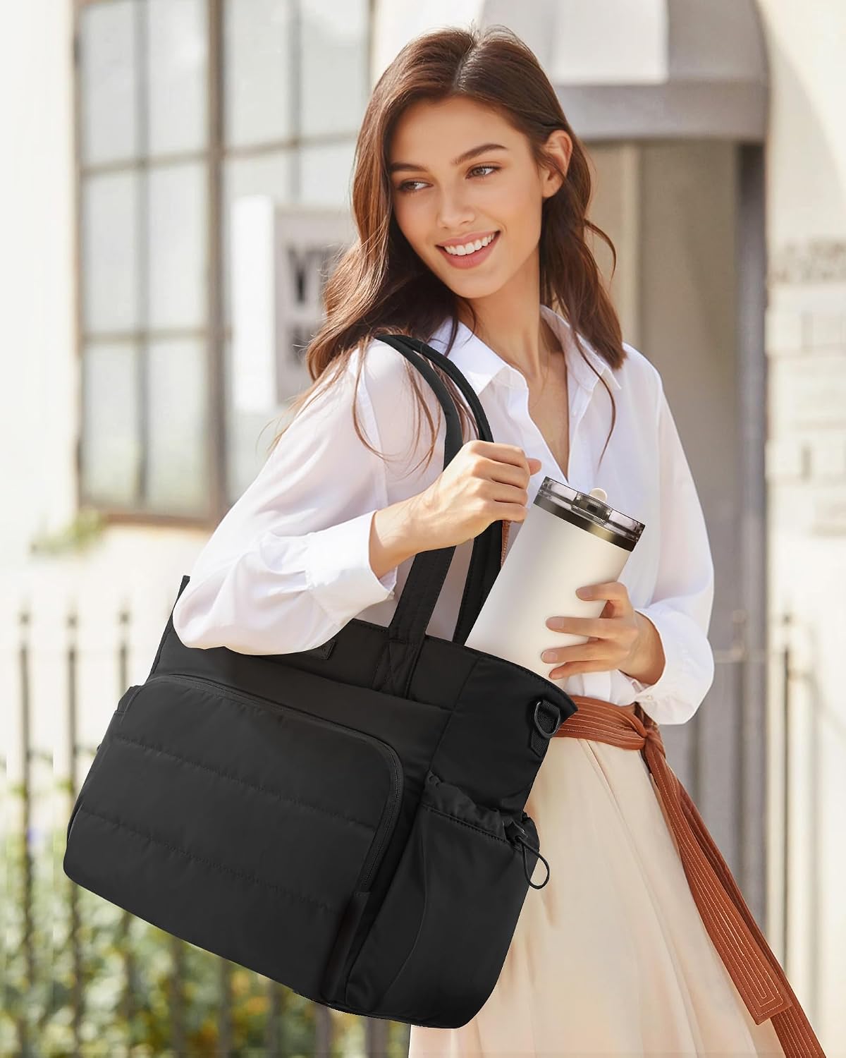 Tote Bag for Women, 15.6" Laptop Work Bag with Cup Holder | 15.6" Padded Laptop Compartment Lightweight Puffer Design Multiple Organized Pockets Work, Travel & Everyday Ready