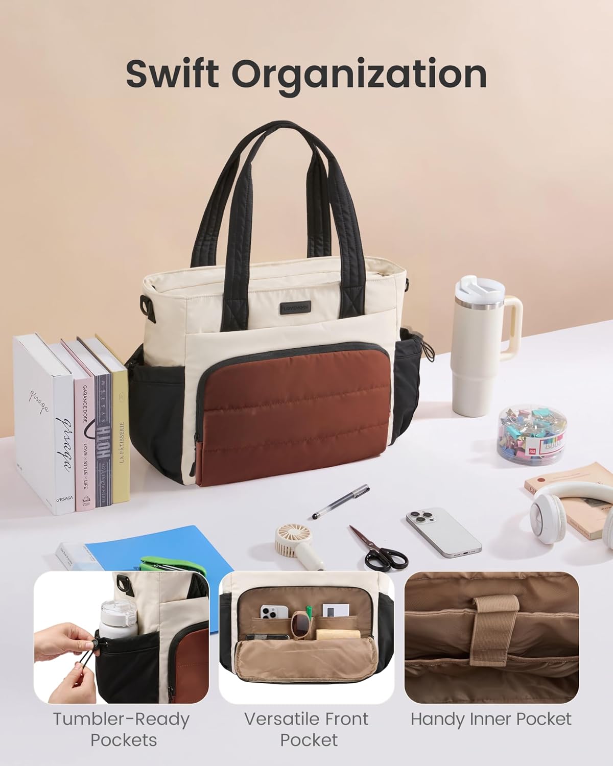 Tote Bag for Women, 15.6" Laptop Work Bag with Cup Holder | 15.6" Padded Laptop Compartment Lightweight Puffer Design Multiple Organized Pockets Work, Travel & Everyday Ready