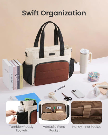 Tote Bag for Women, 15.6" Laptop Work Bag with Cup Holder | 15.6" Padded Laptop Compartment Lightweight Puffer Design Multiple Organized Pockets Work, Travel & Everyday Ready