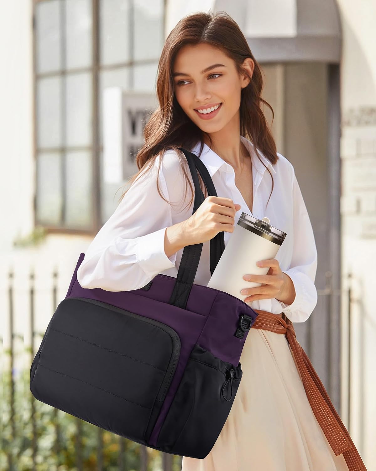 Tote Bag for Women, 15.6" Laptop Work Bag with Cup Holder | 15.6" Padded Laptop Compartment Lightweight Puffer Design Multiple Organized Pockets Work, Travel & Everyday Ready