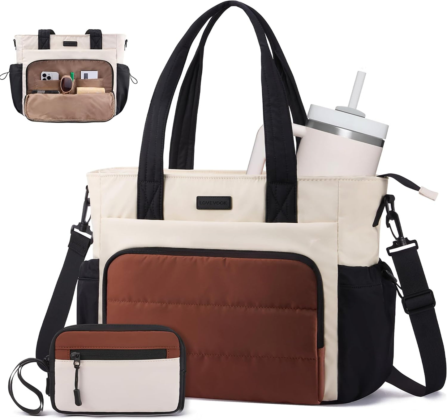Tote Bag for Women, 15.6" Laptop Work Bag with Cup Holder | 15.6" Padded Laptop Compartment Lightweight Puffer Design Multiple Organized Pockets Work, Travel & Everyday Ready