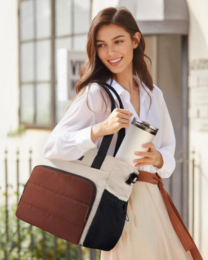 Tote Bag for Women, 15.6" Laptop Work Bag with Cup Holder | 15.6" Padded Laptop Compartment Lightweight Puffer Design Multiple Organized Pockets Work, Travel & Everyday Ready