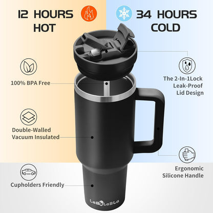 40oz Stainless Steel Insulated Tumbler with Flip Straw, 2-in-1 Lid, 100% Leakproof, Cup Holder Friendly, Handle, BPA-Free (light pink, 40, ounces)